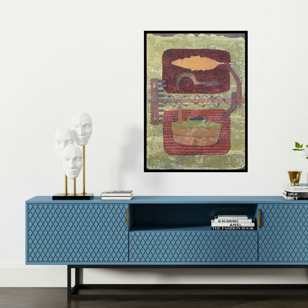 'Rural Life 3 (Tools of the Trade)' painting by Rahul Pawar shown on a wall in a furnished room.