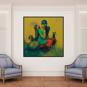 In-situ view of Sachin Akalekar's 'Rural Life (Serene Contemplation)' painting in a room