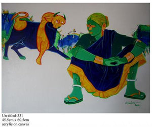 Rural Woman by Tailor Srinivas, Original Acrylic Figurative Painting on Canvas, Small Horizontal Wall Art