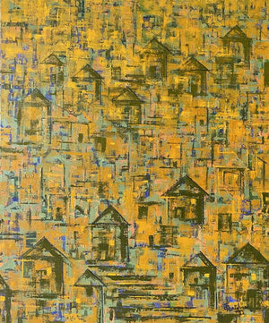 Cityscape oil painting titled 'Rustic Luminouscity', 36x30 inches, by artist Karishma Wadhwa on Canvas