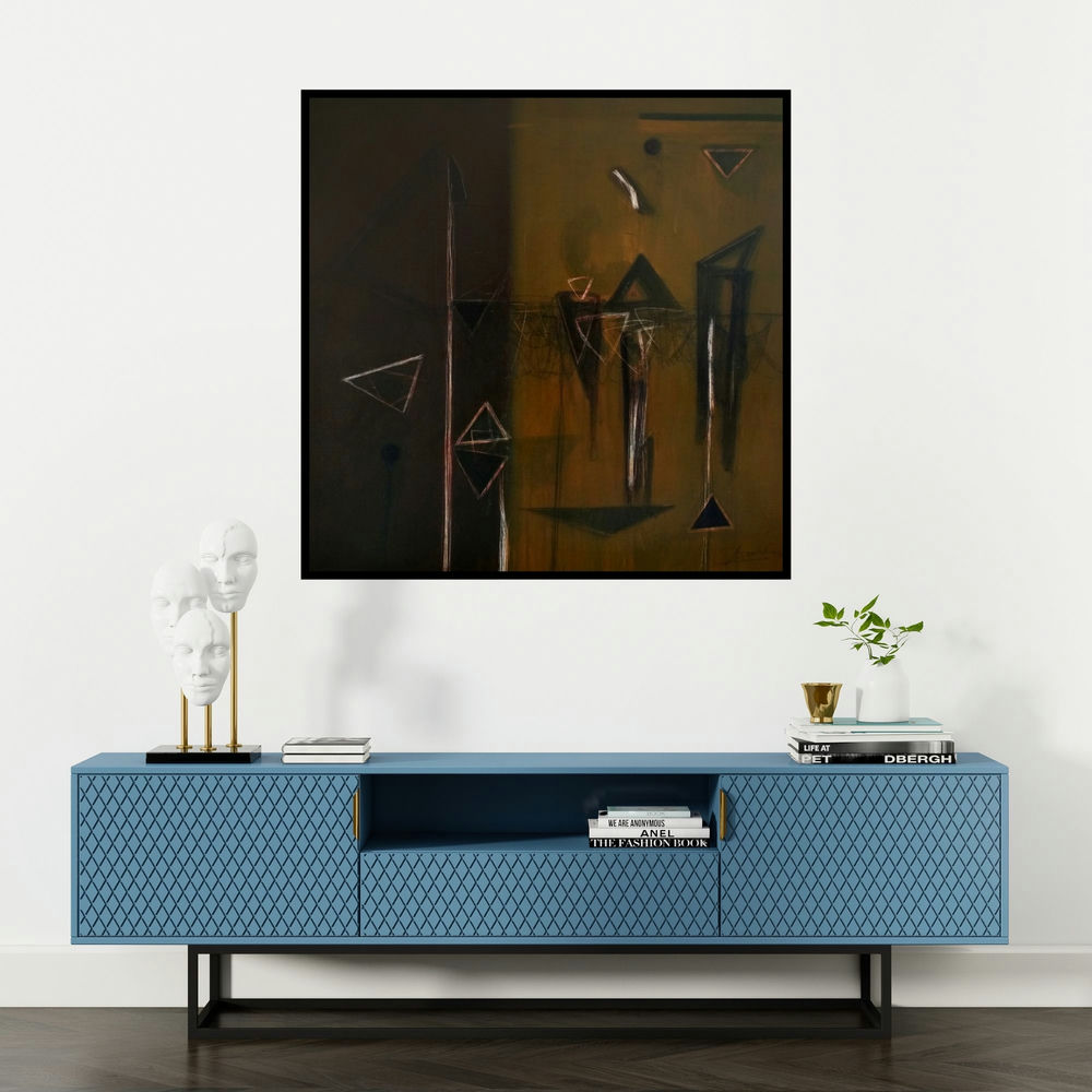 'Rustic Moments (Nocturnal Reverie)' painting by Kaushlendra Pratap Singh shown on a wall in a furnished room.