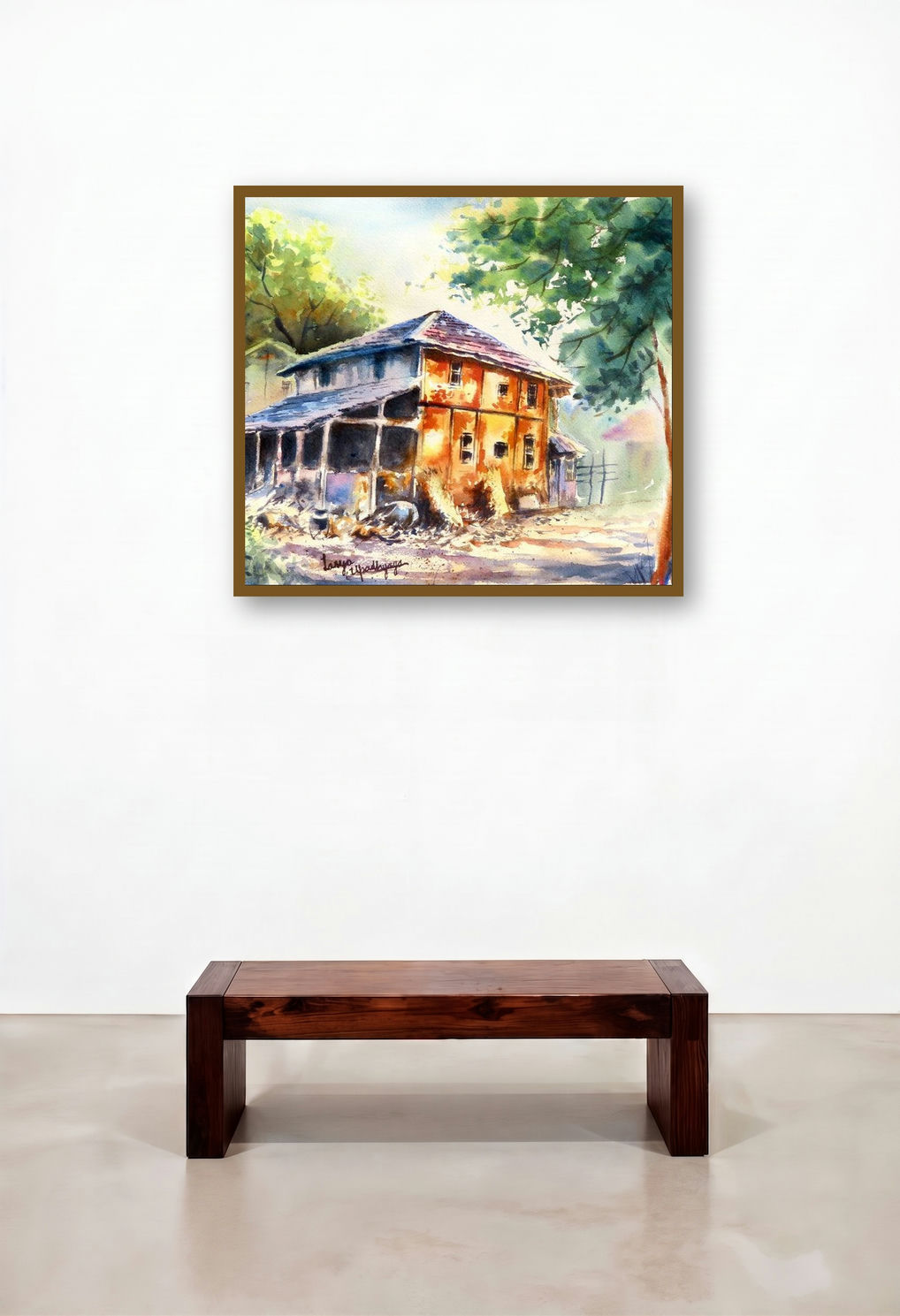 Rustic Retreat (Sunlit Solitude) by artist Lasya Upadhyaya displayed in a Scandinavian Hotel Lobby