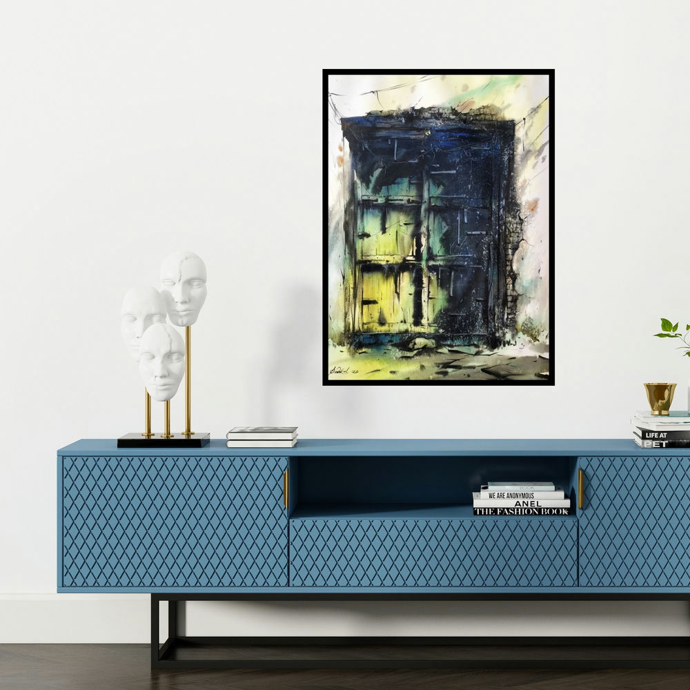 'Rusty Old Door (Echoes of the Past**)' painting by Sadikul Islam shown on a wall in a furnished room.