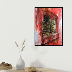 Sadikul Islam's 'Rusty Old Window (A Glimpse of the Past**)' painting visualized above a sofa in a contemporary room.