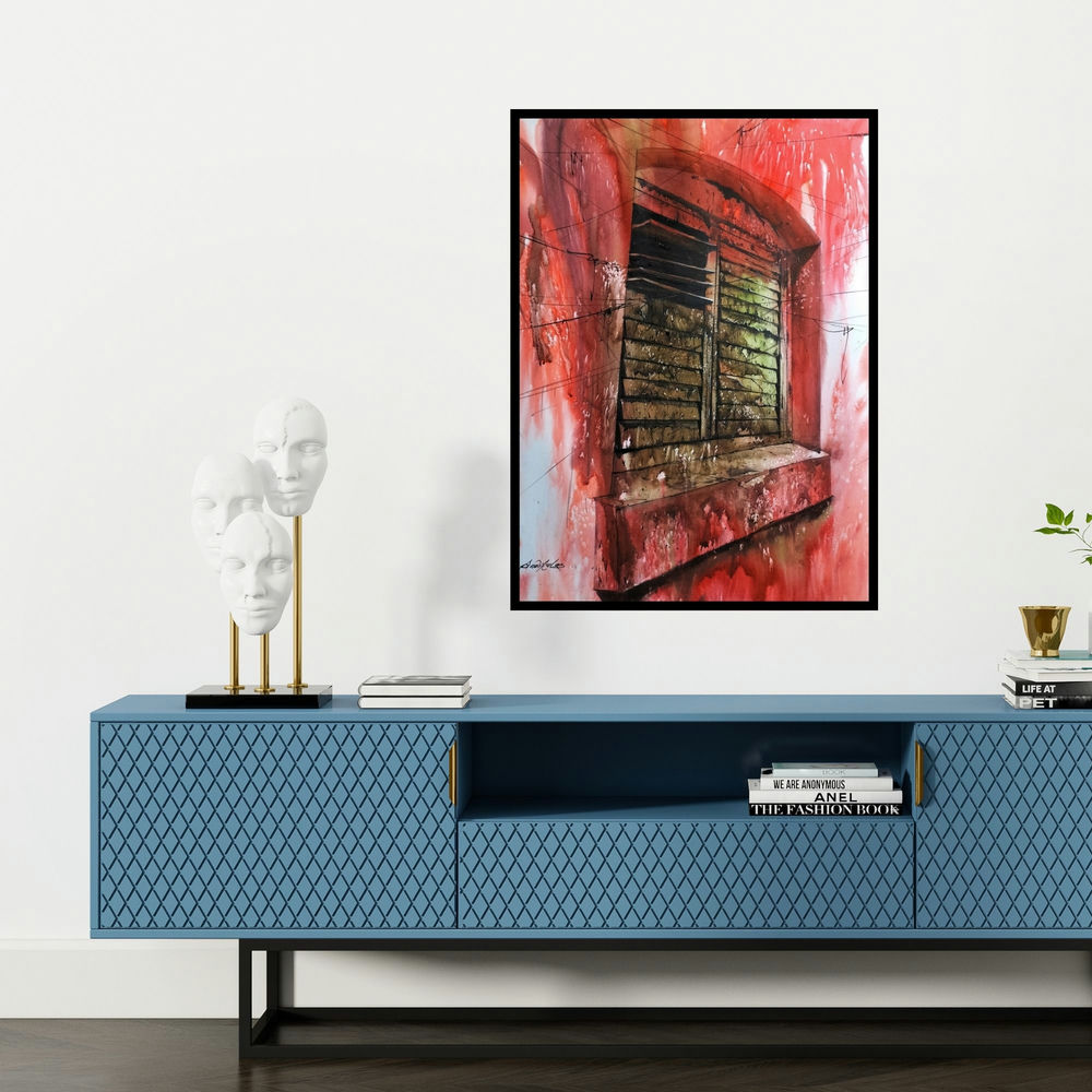 'Rusty Old Window (A Glimpse of the Past**)' painting by Sadikul Islam shown on a wall in a furnished room.