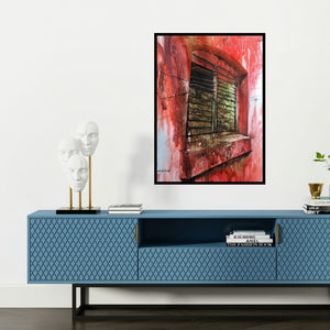 'Rusty Old Window (A Glimpse of the Past**)' painting by Sadikul Islam shown on a wall in a furnished room.