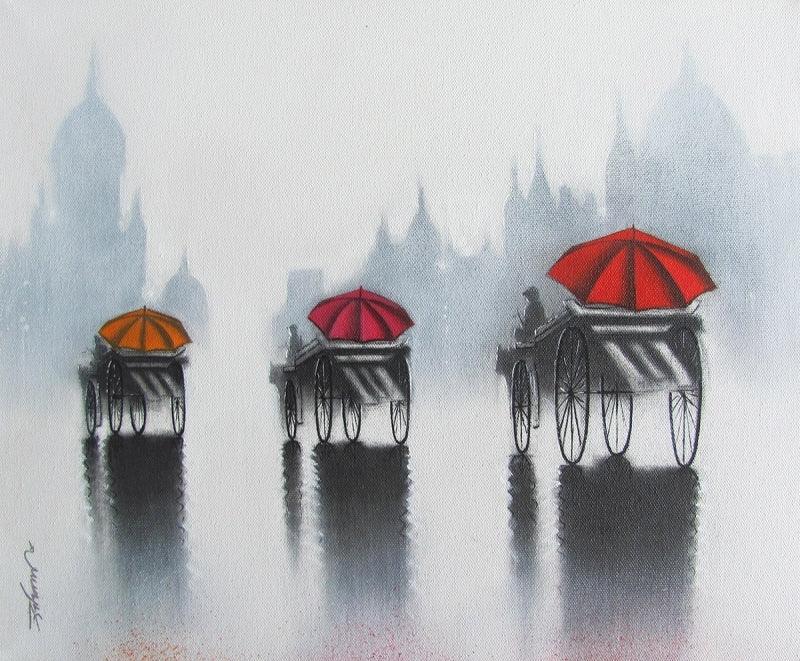 Cityscape mixed media painting titled 'Rythmic Monsoon Ride 7', 15x18 inches, by artist Somnath Bothe on Canvas