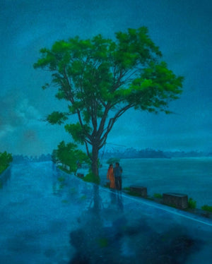 Saavan (Monsoon Magic) by Lisha N T, Original Acrylic Landscape Painting on Canvas, Small Vertical Wall Art