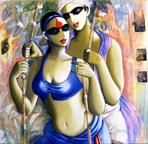 Saawan (Monsoon Rhapsody) by Kamal Devnath, Original Acrylic Figurative Painting on Canvas, Medium Square Wall Art