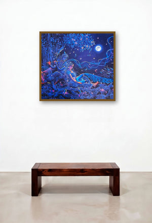 Saawariya (Radha Krishna in Moonlight) by artist Lisha N T displayed in a Contemporary Hotel Suite
