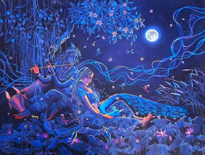 Saawariya (Radha Krishna in Moonlight) by Lisha N T, Original Acrylic Religious Painting on Canvas, Medium Horizontal Wall Art