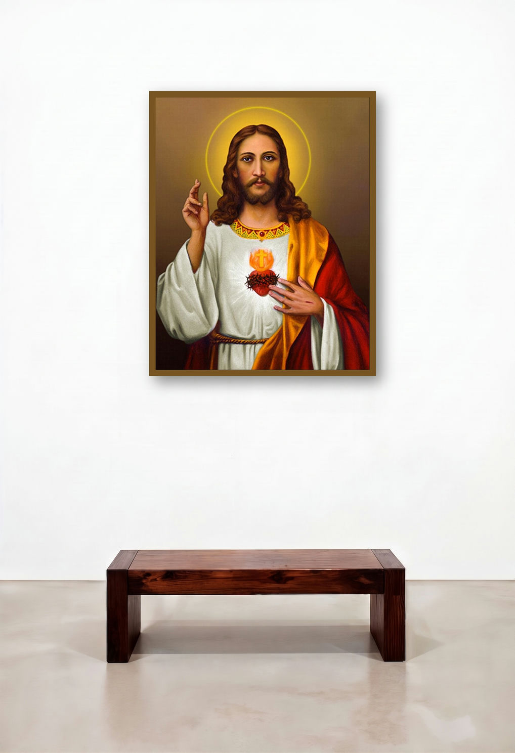 Sacred Heart Jesus Christ 5 by artist Ns Art displayed in a Minimalist Hallway