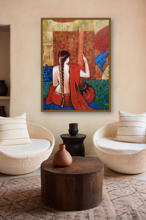 Sadhana (Urban Contemplation: A Figurative Composition) by artist Apurba Karati displayed in a Indian Art gallery