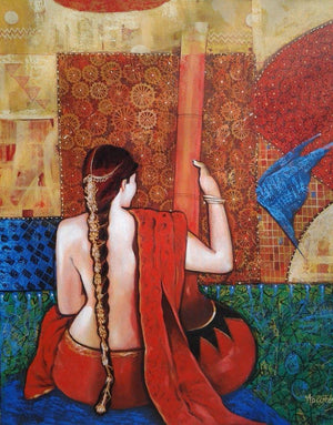 Sadhana (Urban Contemplation: A Figurative Composition) by Apurba Karati, Original Acrylic Figurative Painting on Canvas, Medium Vertical Wall Art