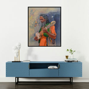 Satyabrata Karmakar's 'Sadhu 1' painting visualized above a sofa in a contemporary room.