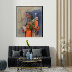 'Sadhu 1' painting by Satyabrata Karmakar shown on a wall in a furnished room.