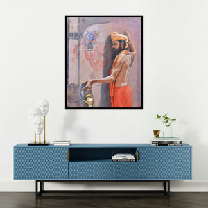 Satyabrata Karmakar's 'Sadhu 2' painting visualized above a sofa in a contemporary room.