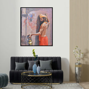 'Sadhu 2' painting by Satyabrata Karmakar shown on a wall in a furnished room.