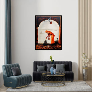 Preview of 'Sadhu' Painting by Arjun Das shown on a wall in a furnished room.