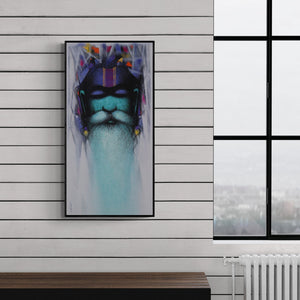 Preview of 'A Sadhus Reminiscenes (Mystical Sadhu)' Painting by Somnath Bothe shown on a wall in a furnished room.