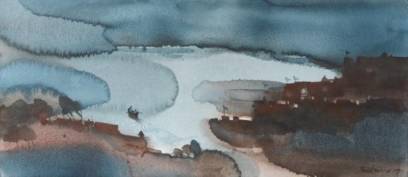 Landscape watercolor painting titled 'Safe passage via friendly landscape 2', 10x22 inches, by artist Prashant Prabhu on Paper