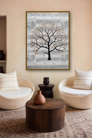 Safkal Vriksh (Peacock Symphony: A Tapestry of Nature) by artist Sumit Mehndiratta displayed in a Contemporary gallery