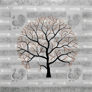 Safkal Vriksh (Peacock Symphony: A Tapestry of Nature) by Sumit Mehndiratta, Original Acrylic Nature Painting on Canvas, Small Square Wall Art