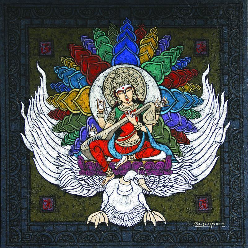 Religious mixed media titled 'Sahasrara Chakra Copy', 36x36 inches, by artist Kunuu Bhushayya on Canvas