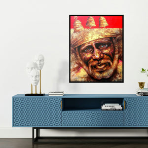 'Sai (Divine Grace The Gaze of Sai Baba)' painting by Pradeep Kumar shown on a wall in a furnished room.