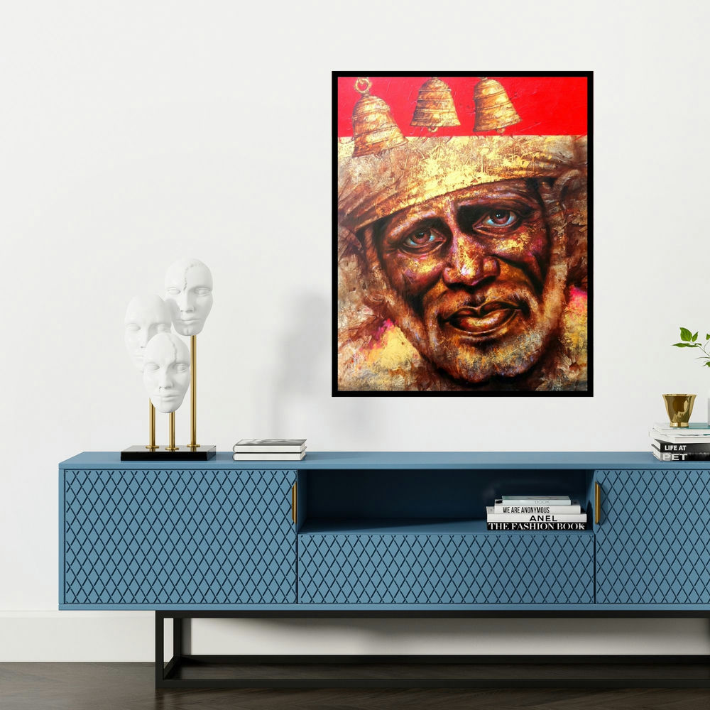 'Sai (Divine Grace The Gaze of Sai Baba)' painting by Pradeep Kumar shown on a wall in a furnished room.