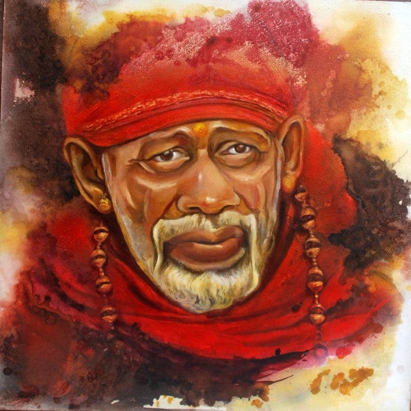 Realistic oil painting titled 'Sai Baba I', 43x43 inches, by artist Anurag Swami on Canvas