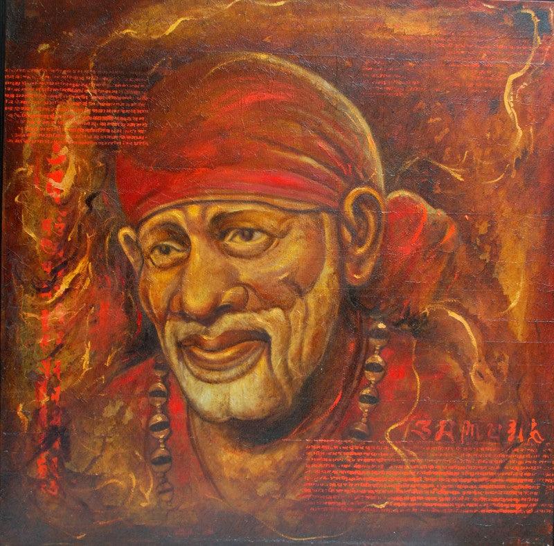 Realistic oil painting titled 'Sai Baba III', 54x54 inches, by artist Anurag Swami on Canvas