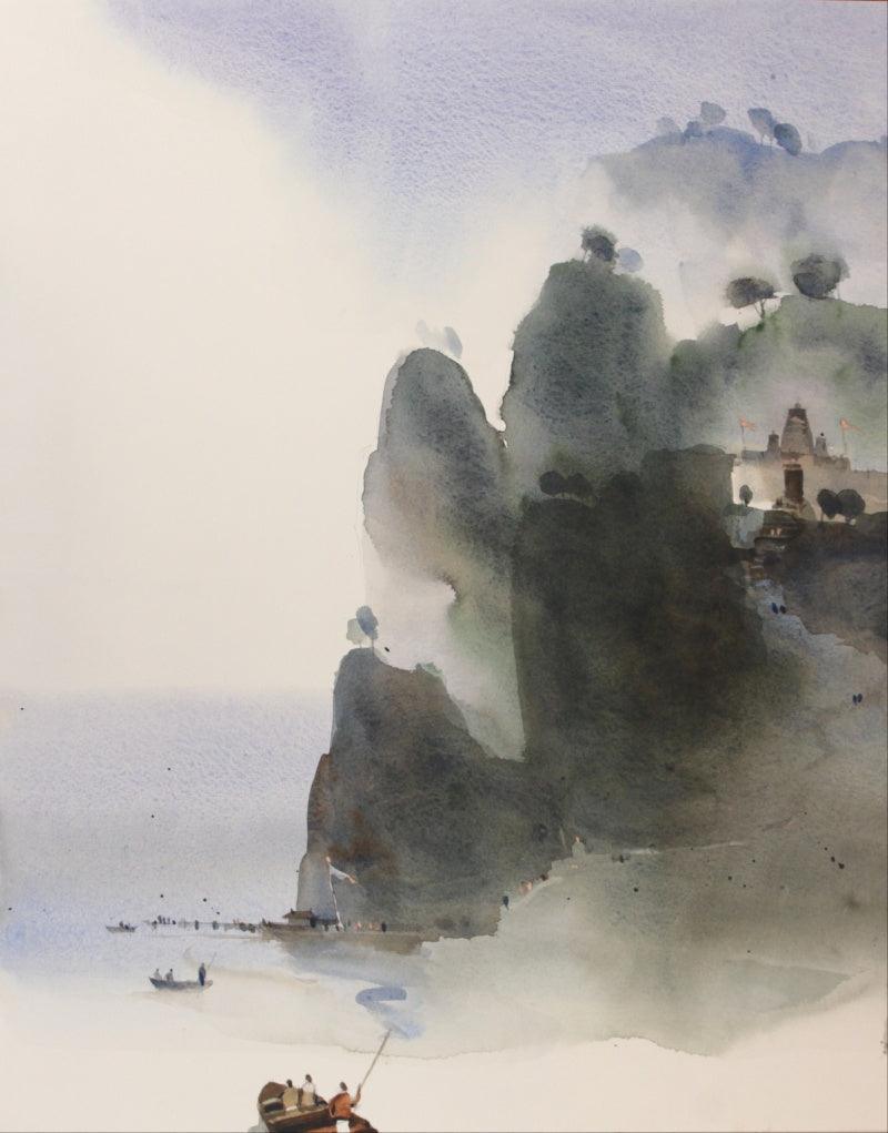 Landscape watercolor painting titled 'Sail Into The Mythical Realm 4', 20x16 inches, by artist Prashant Prabhu on Paper