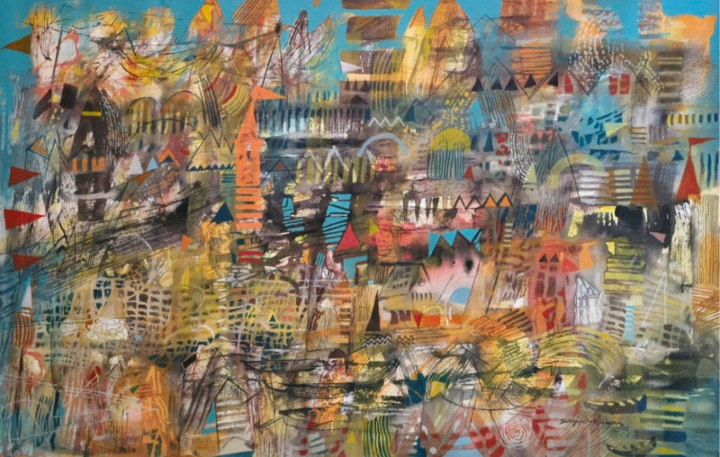 'Sailing Behind The River Of Holy City 1' abstract acrylic painting by artist Srj Surajit Chakraborty, 27x42 inch, on canvas
