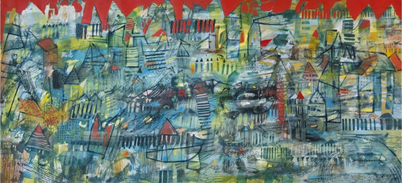 'Sailing Behind The River Of Holy City 2' abstract acrylic painting by artist Srj Surajit Chakraborty, 26x55 inch, on canvas