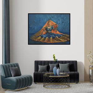 Preview of 'Sajawat (Hidden Beauty)' Painting by Kamal Rao shown on a wall in a furnished room.