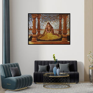 Preview of 'Sajawat (Royal Contemplation)' Painting by Kamal Rao shown on a wall in a furnished room.