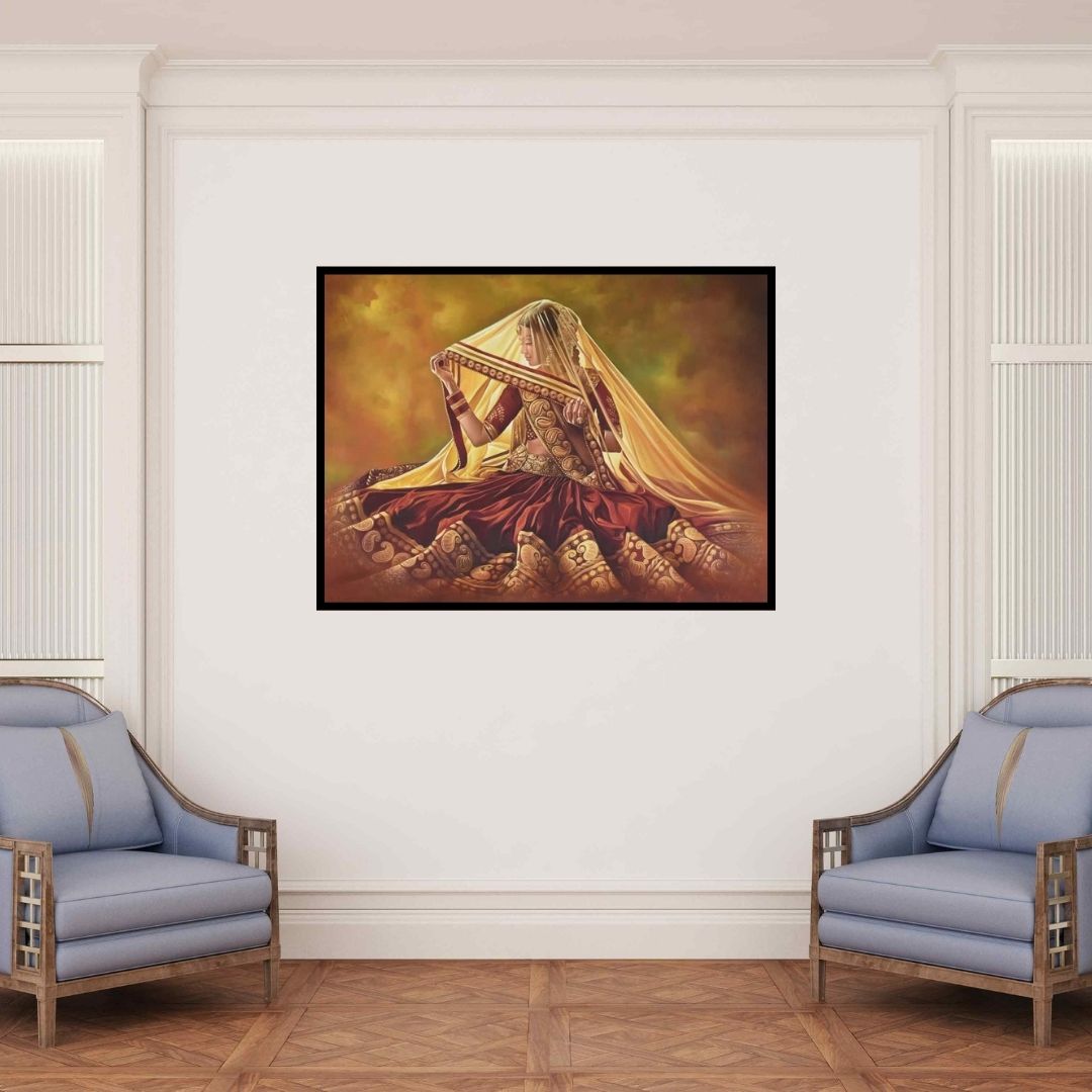 In-situ view of Kamal Rao's 'Sajawat (Radiant Bride)' painting in a room