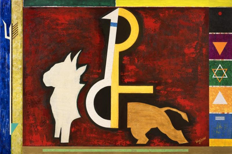 Religious mixed media painting titled 'Sajoshas(ardnareeshwar)', 72x48 inches, by artist Pankaj Sachdeva on canvas