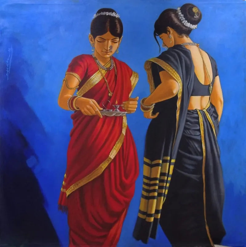 Figurative acrylic painting titled 'Sakhi 1', 36x36 inch, by artist Prasad Kulkarni on Canvas