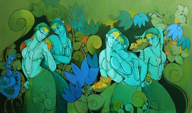 Sakhi 1' figurative acrylic painting by artist Suman Dongre, 36x60 inch, on canvas