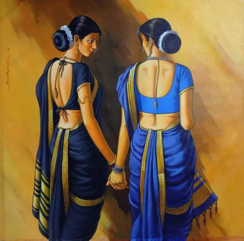 Figurative acrylic painting titled 'Sakhi 2', 48x48 inch, by artist Prasad Kulkarni on Canvas