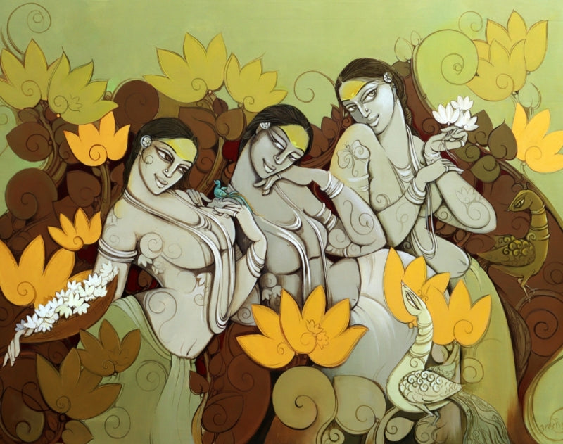 Sakhi 2' figurative acrylic painting by artist Suman Dongre, 26x48 inch, on canvas
