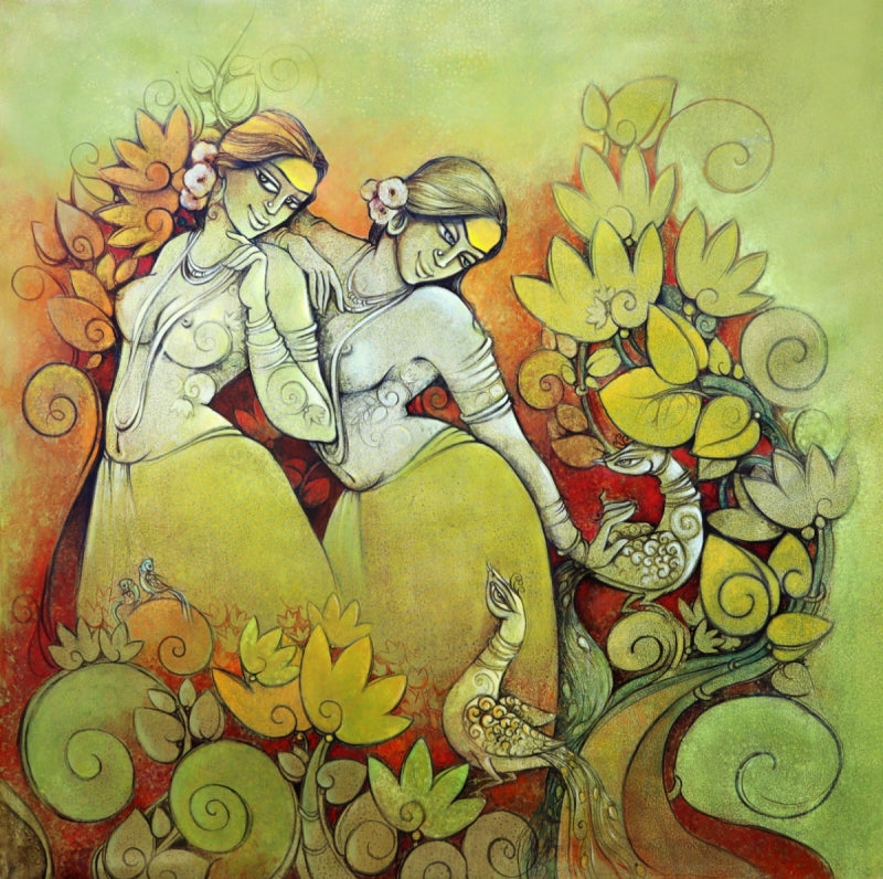 Sakhi 3' figurative acrylic painting by artist Suman Dongre, 36x36 inch, on canvas