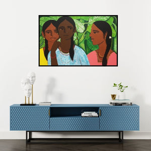 Preview of 'Sakhi' Painting by Nagesh Ghodke shown on a wall in a furnished room.