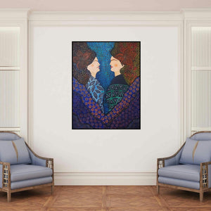 'Sakhi (Interconnected)' painting by Anissha Deshpande shown on a wall in a furnished room.