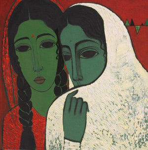 Sakhi by Mamta Mondkar, Original Acrylic Figurative Painting on Canvas, Small Square Wall Art