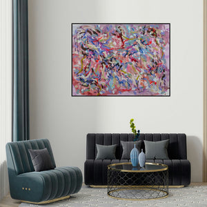 Sheena Bajaria's 'Sakura (A Whimsical Journey**)' painting visualized above a sofa in a contemporary room.