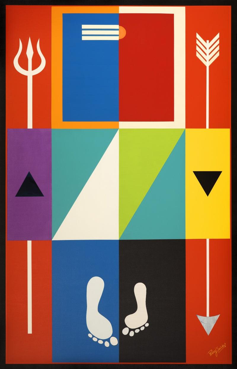 Religious mixed media painting titled 'Samankshem (Shiv Shakti)', 42x66 inches, by artist Pankaj Sachdeva on canvas