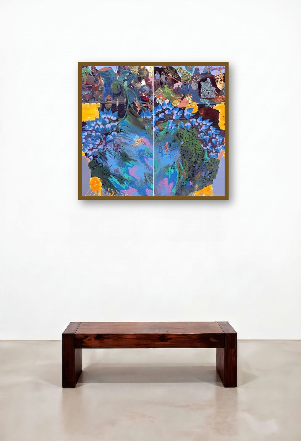 Samsara (Surreal Collage Diptych) by artist Sudhakaran Edakandy displayed in a Elegant Lounge